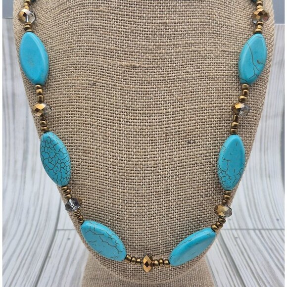 Artisan Bronze Bead & Howlite Stone Faux Turquoise Collar Necklace & Earring Set - Picture 6 of 12